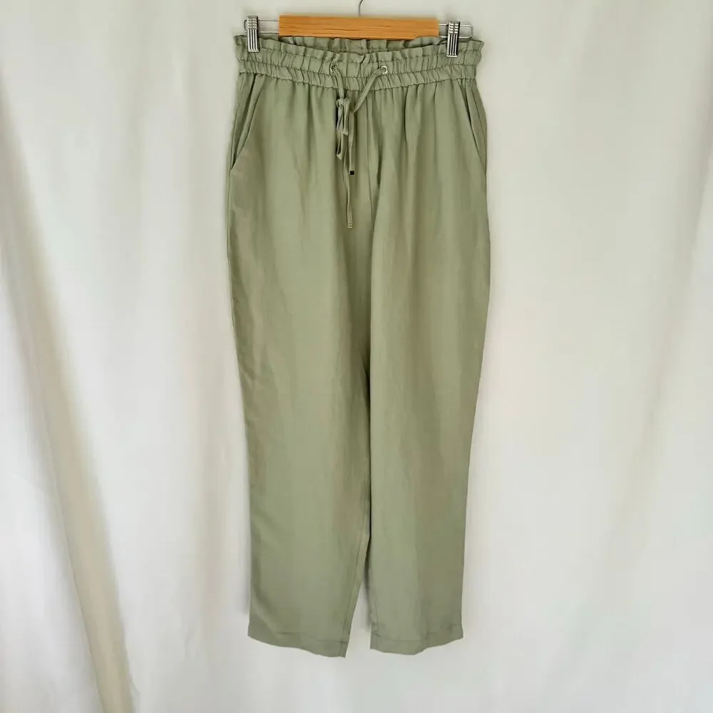 NEW Zara Women Linen Blend Pull On Pant Size S Elastic Waist Beachy Casual Green